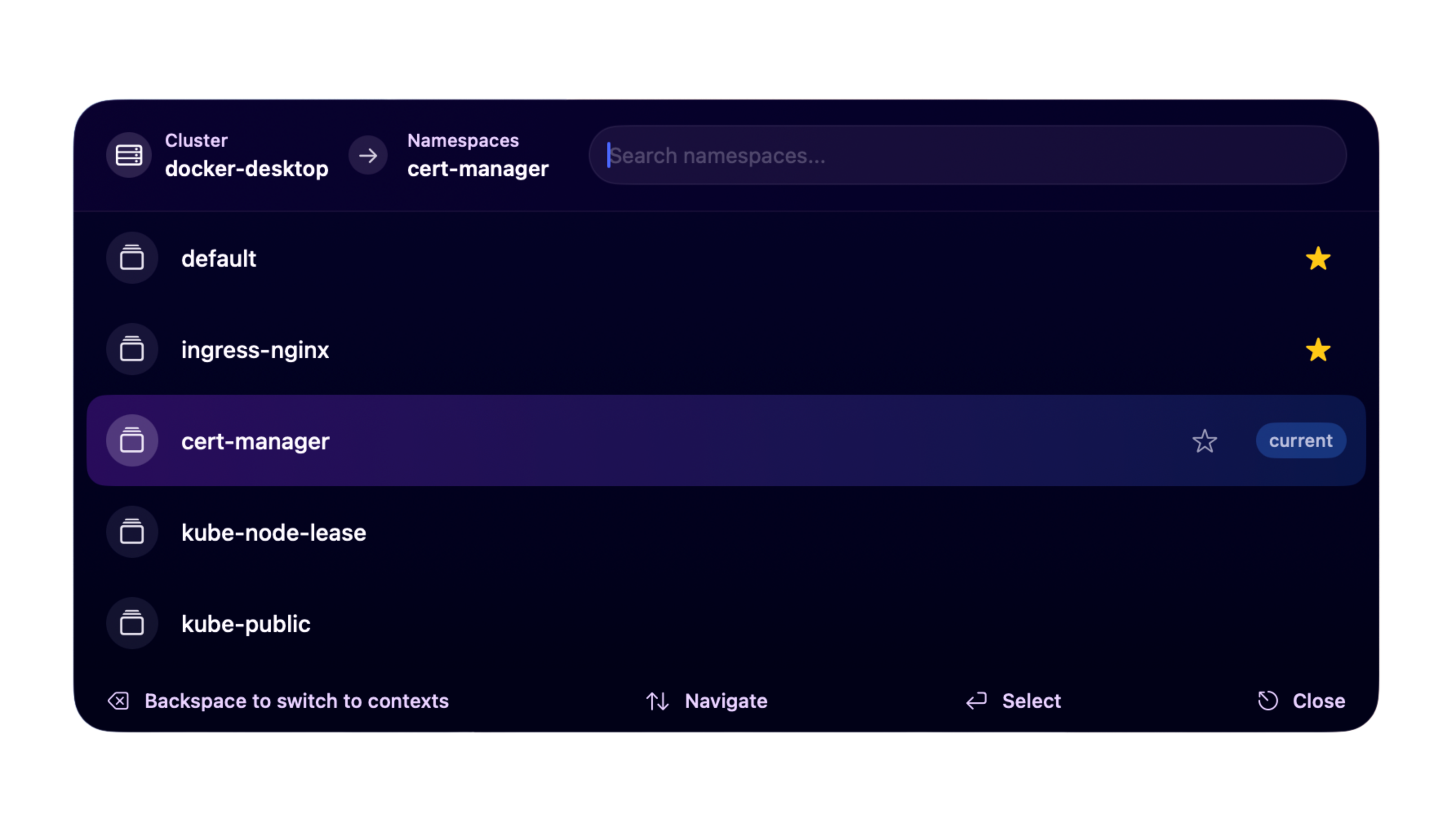 KubeSwitch QuickSwitch interface showing fuzzy search for Kubernetes contexts and namespaces
